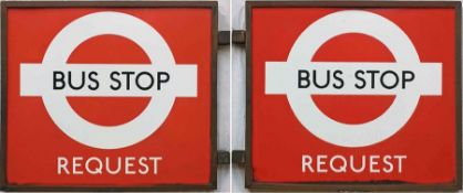 London Transport 1940s/50s enamel BUS STOP FLAG 'Request'. A double-sided sign consisting of 2