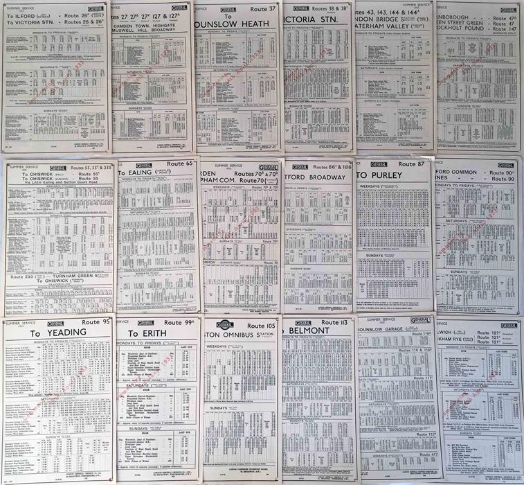 Selection of 1932-33 London General Omnibus Co PANEL TIMETABLES for routes numbered in the range