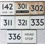 Selection of London Transport bus stop enamel E-PLATES comprising routes 142, 301 Fare Stage, 302,