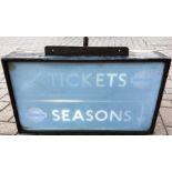 1930s London Underground 'box' SIGN 'Tickets' and 'Seasons' from above a ticket-office window. A