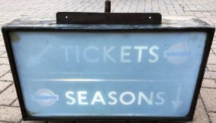 1930s London Underground 'box' SIGN 'Tickets' and 'Seasons' from above a ticket-office window. A