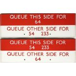 Matched pair of London Transport bus stop enamel Q-PLATES, one reading 'Queue this side for 54, 233,