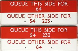 Matched pair of London Transport bus stop enamel Q-PLATES, one reading 'Queue this side for 54, 233,