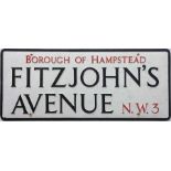A c1950s Borough of Hampstead cast-alloy STREET SIGN from Fitzjohn's Avenue, NW3 - a tree-lined road