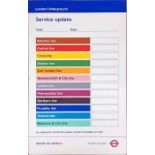 London Underground ENAMEL SIGN 'Service update' with each line listed in its background colour and a