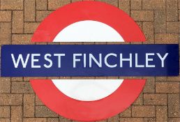 1950s/60s London Underground enamel PLATFORM BULLSEYE SIGN from West Finchley station on the