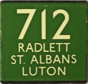 London Transport coach stop enamel E-PLATE for Green Line route 712 destinated Radlett, St Albans,