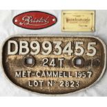 Selection of transport PLATES & BADGES comprising a 1957 cast-iron railway WAGON PLATE 'Met-