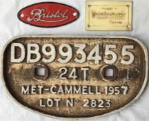 Selection of transport PLATES & BADGES comprising a 1957 cast-iron railway WAGON PLATE 'Met-