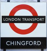 1950s/60s London Transport enamel BUS STOP SIGN ' Chingford' from a 'Keston' wooden bus shelter. A