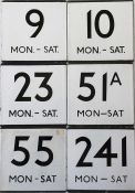 Selection of London Transport bus stop enamel E-PLATES, all designated Mon-Sat and for routes 9, 10,