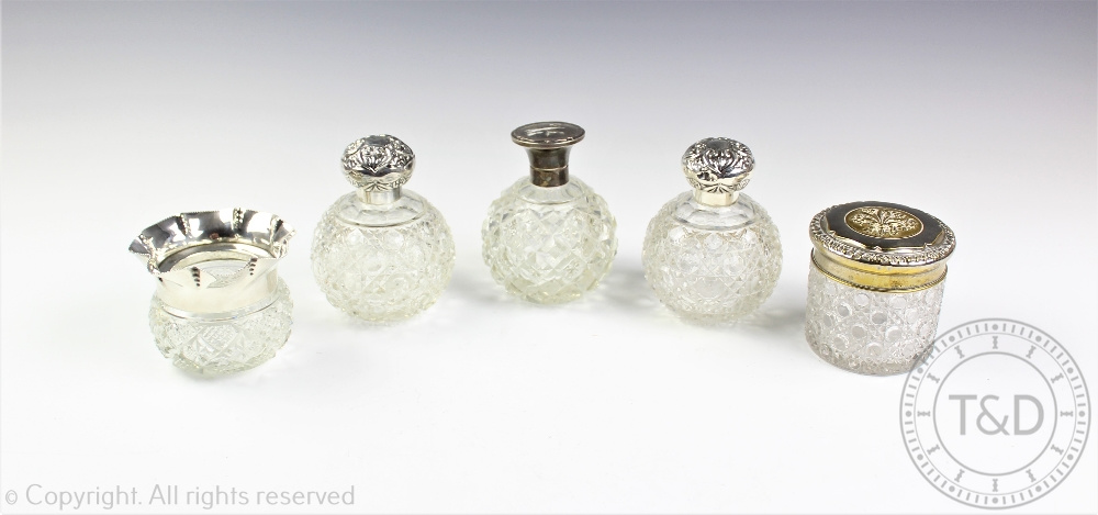 A collection of five toilet jars comprising; a pair of Edwardian scent bottles, William Devenport,