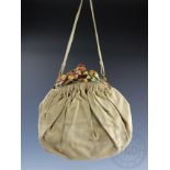 A 1920's / 30's ladys leather French hand bag, with original card for Fancy Bags Cannes,