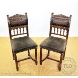 A set of ten Victorian carved oak dining chairs, with embossed leather backs and velour seats,