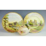 Two Royal Worcester cabinet plates, each hand painted depicting York Minster and Alnwick castle,