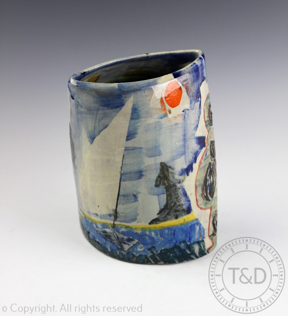 A Paul Jackson studio pottery textured seascape vase, decorated with boats at sea,