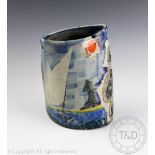 A Paul Jackson studio pottery textured seascape vase, decorated with boats at sea,