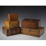Two 19th century rosewood boxes, longest 35cm, with an inlaid walnut workbox,