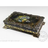 A Lane Birminghan Victorian work box, the rectangular lacquered, papier mache,