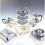 A selection of silver plated wares comprising; a Walker & Hall cake stand, with three tiers,