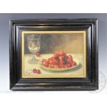 Dutch School (early 20th century), Oil on canvas, Still life of Cherries and a wine glass,