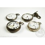 Four silver cased, open face pocket watches, each with white enamel dial,
