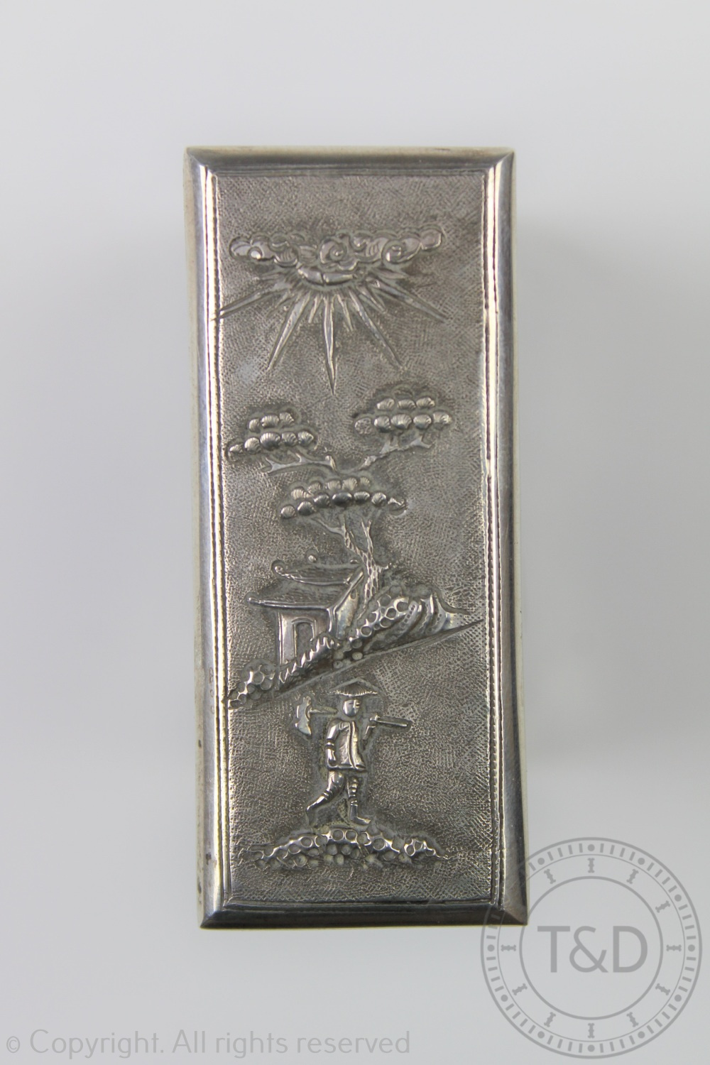 A Vietnamese '900' standard silver smoking set comprising; a rectangular cigarette holder, 8cm high, - Image 5 of 6