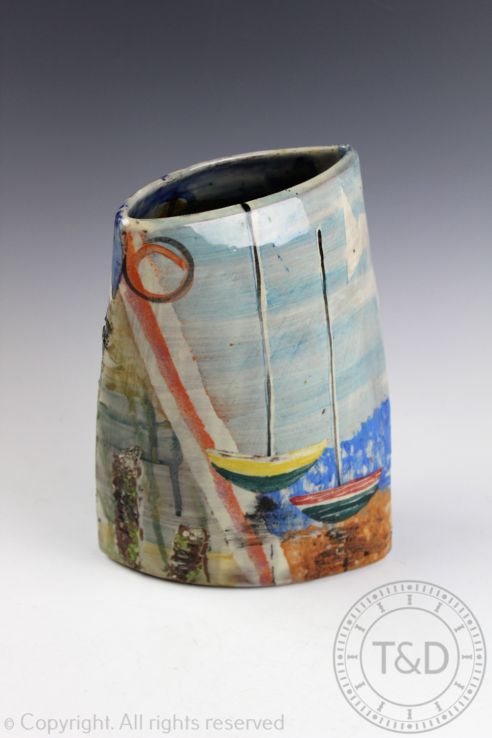 A Paul Jackson studio pottery textured seascape vase, decorated with boats at sea, - Image 2 of 5