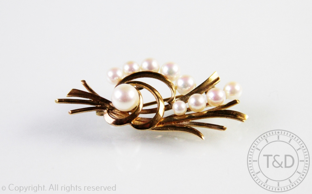 A 9ct gold and pearl spray brooch, makers mark 'L.C.
