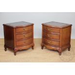 A pair of modern Chinese hardwood bow front bedside cabinets, with three drawers on scroll legs, 56.