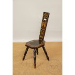 A George III oak country chair, with pierced splat, with a pair of beech country kitchen chairs,