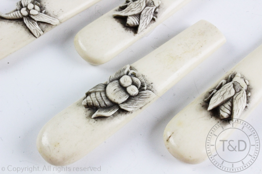 A set of five Japanese carved bone handles, each carved with an insect and unmounted, signed, - Image 2 of 2