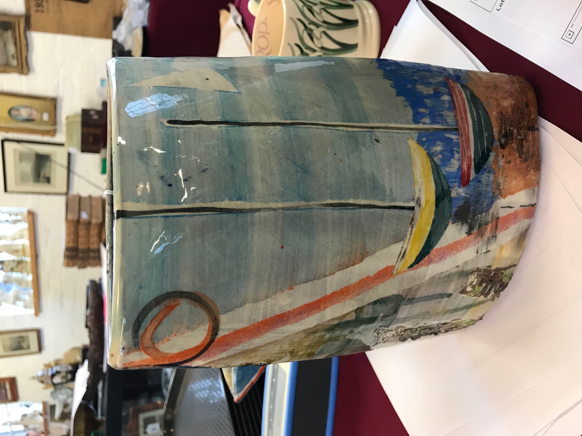 A Paul Jackson studio pottery textured seascape vase, decorated with boats at sea, - Image 4 of 5