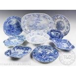 A collection of 19th century and later blue and white transfer printed pearl ware ceramics to