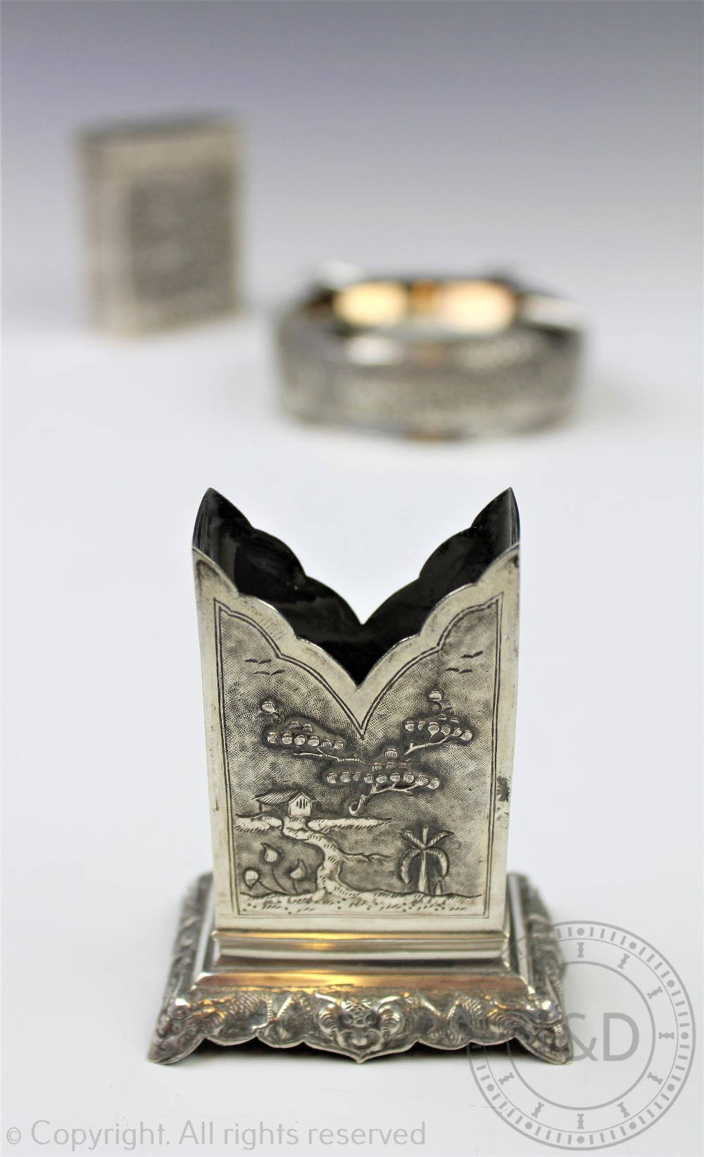 A Vietnamese '900' standard silver smoking set comprising; a rectangular cigarette holder, 8cm high, - Image 6 of 6