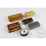A collection of 19th century and later snuff boxes to include a burr wood example with cherub and