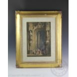 After Samuel Prout - 19th century, Watercolour, Cathedral doorway with figures, Bears signature,