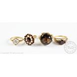 Four assorted rings, comprising; a garnet and pearl oval cluster ring in 9ct gold,