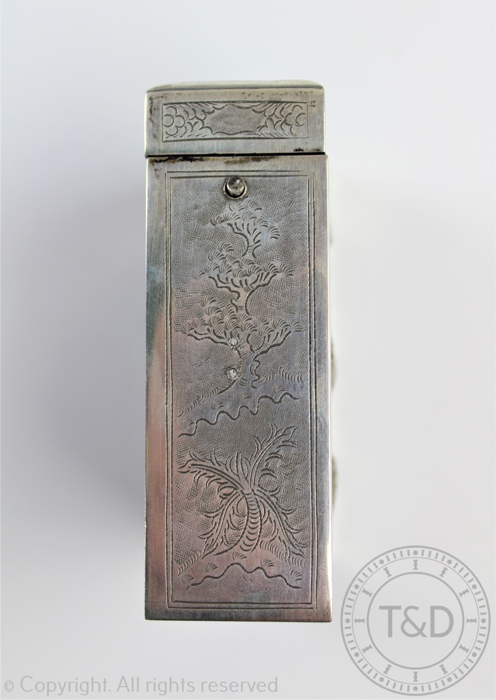 A Vietnamese '900' standard silver smoking set comprising; a rectangular cigarette holder, 8cm high, - Image 3 of 6