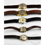 A collection of five wristwatches to include; an Oris square faced example with Arabic numerals,