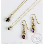 A pair of amethyst 'Celtic Lands' drop earrings, each stamped '9k',