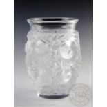 A Lalique Bagatelle Sparrow vase, of cylindrical form with relief moulded frosted decoration,
