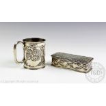 A silver mug Henry Matthews Chester 1897, embossed with cherubs amongst cloudy landscapes, 6.