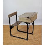 A Vintage pine and wrought iron school desk,