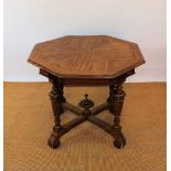 A 19th century style walnut hexagonal centre table, on turned legs and scroll feet,
