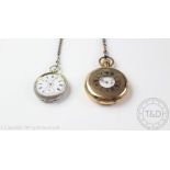 A gold plated Waltham half hunter pocket watch, enamel Roman numeral dial and subsidiary seconds,