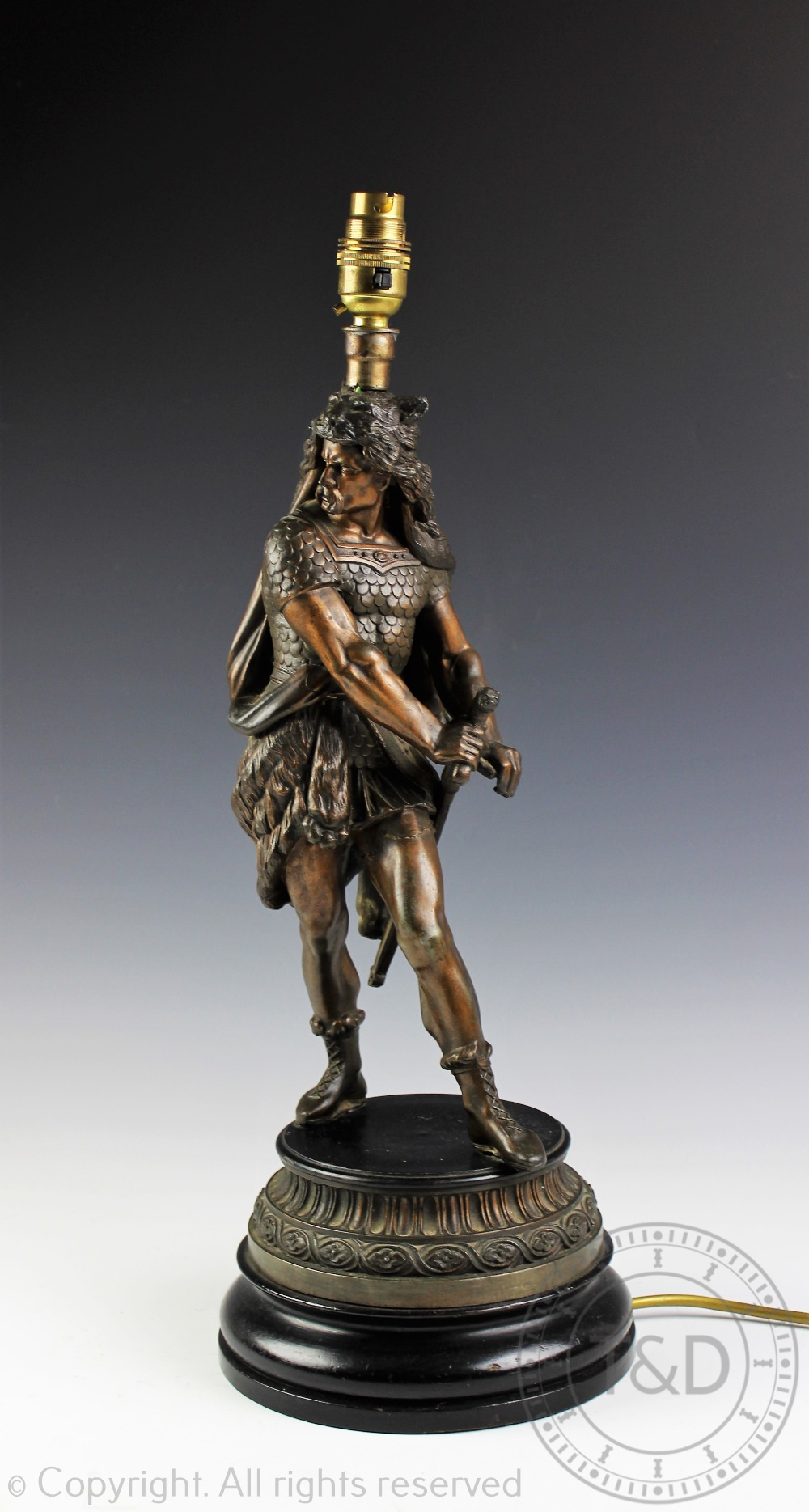 A late 19th century bronzed spelter figural table lamp, modelled as a Viking warrior, - Image 2 of 2