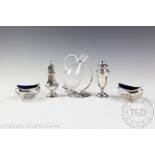 A selection of silver comprising; a pair of Edwardian salts, Joseph Gloster, Birmingham 1906,
