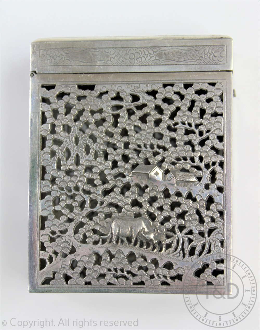 A Vietnamese '900' standard silver smoking set comprising; a rectangular cigarette holder, 8cm high, - Image 2 of 6