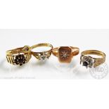 Five rings, to include; a 9ct gold diamond set signet ring, a 9ct gold garnet cluster ring,